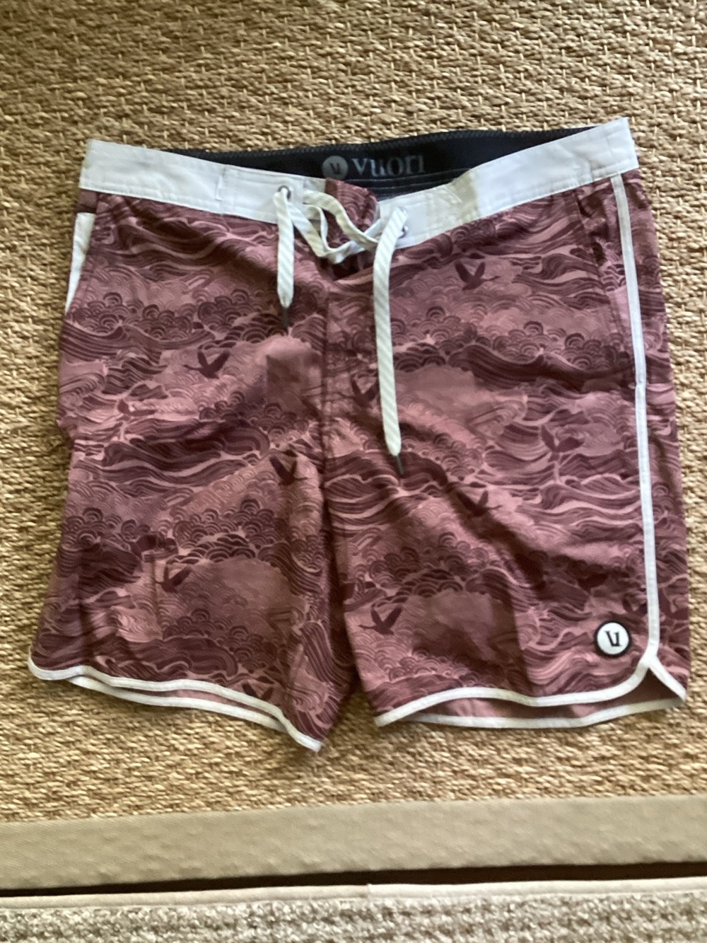 Vuori Men's Maroon Wave-Pattern Swim Board Shorts with White Trim